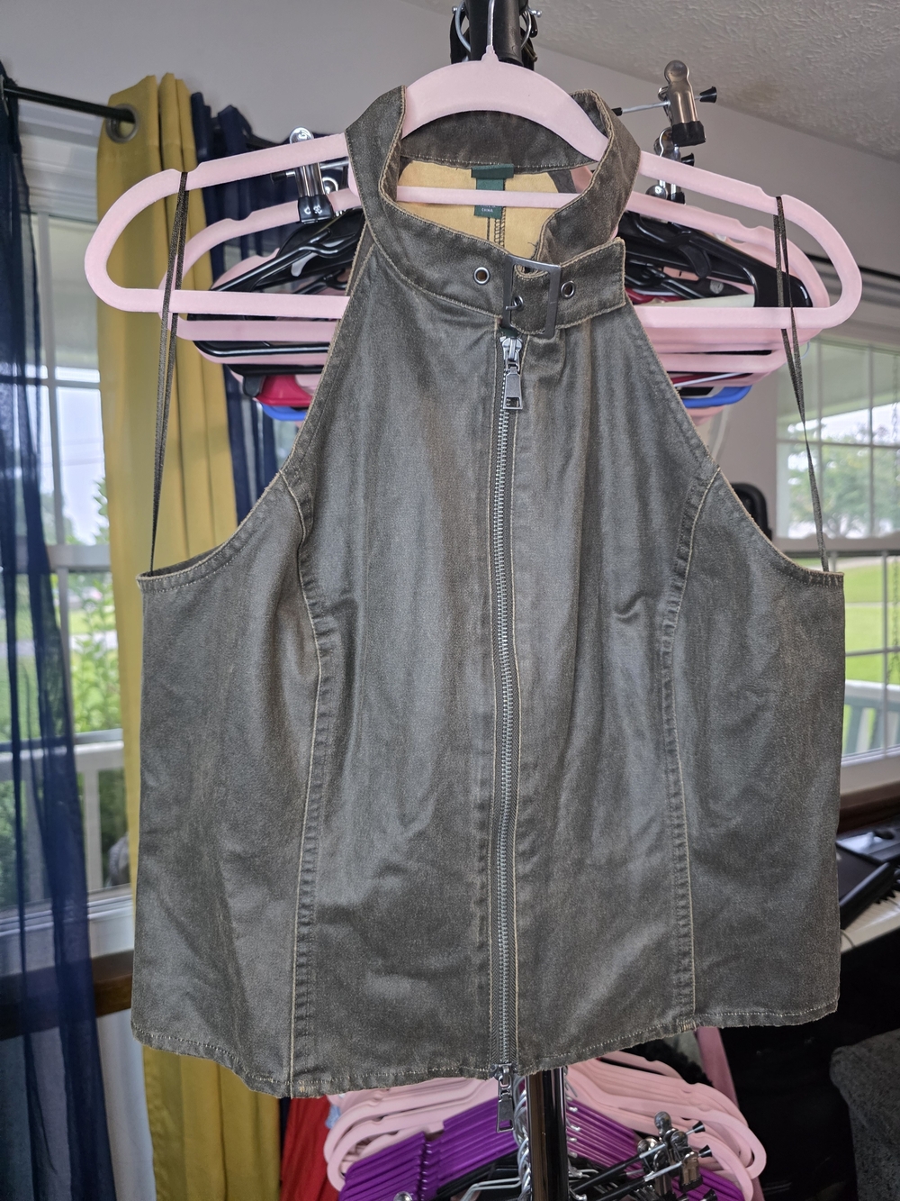 wild fable Olive Green Washed Halter Zip-Front Vest